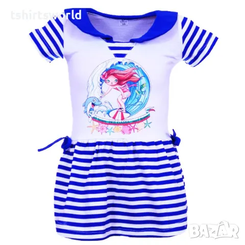 Нова детска моряшка рокличка с яка и трансферен печат Момиче на Сърф