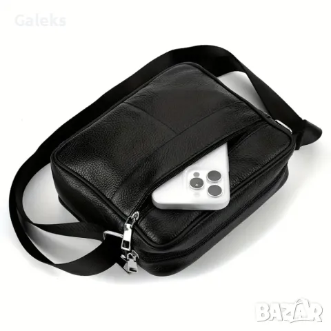 Дизайнерска, Мъжка правоъгълна кожена чантичка за през рамо /Черна естест.кожа!, снимка 8 - Чанти - 50356143