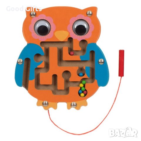 Дървена играчка Лабиринт с магнитен молив, Бухалче