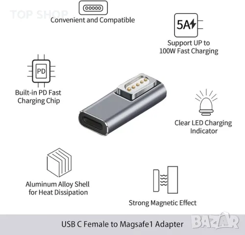 Магнитен USB C адаптер с L накрайник, снимка 5 - Друга електроника - 48735363