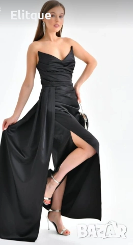 дълга сатенена рокля с цепка , снимка 5 - Рокли - 53194691