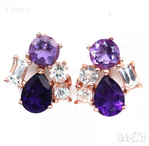 Изящни сребърни обеци с пурпурен Аметист и бял Топаз