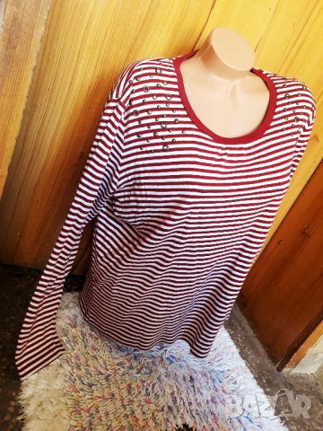 Червено-бяла блуза райе с декорация кабси на рамената 2ХЛ, снимка 2 - Блузи с дълъг ръкав и пуловери - 34617022