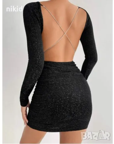 Дамска Черна елегантна рокля по тялото с гол гръб дълги ръкави брокат