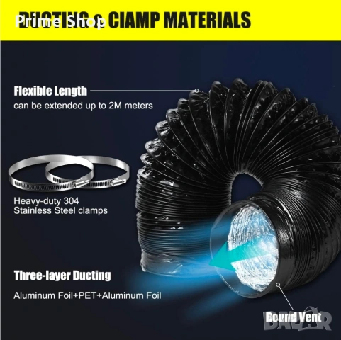 Ф100мм канален вентилатор с 180м³/ч, 2м гъвкава връзка, скоби , снимка 7 - Вентилатори - 53574397