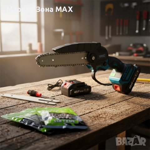 Акумулаторен трион за дърво и клони UKC 48V – 6″ верижна резачка с 2 батерии и 2 вериги, снимка 6 - Други инструменти - 52886461