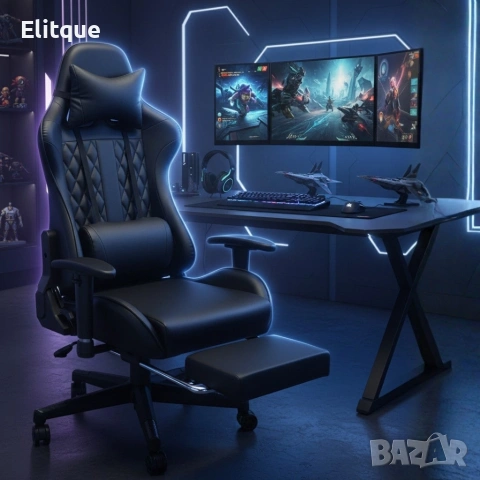 Геймърски стол с прибираща се подложка за крака и функция за масаж - черен, снимка 5 - Други стоки за дома - 53242884