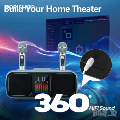Караоке Bluetooth колонка HIUYRFS преносим комплект за деца с 2 безжични микрофона LED светлина, снимка 7 - Караоке - 49057847