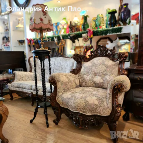 Антично кресло с ръчно резбована дървена рамка и флорална дамаска, снимка 9 - Дивани и мека мебел - 48390745