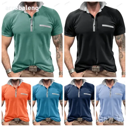 Ежедневна мъжка поло риза с къс ръкав с цветни блокчета и ревери, 6цвята 