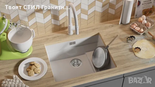 Бял гранитна мивка за вграждане под плот Прага 60 Level 560 x 470 мм, снимка 2 - Мивки - 48751843