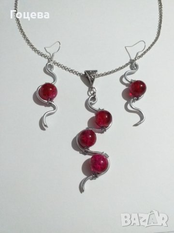 Разкошен комплект бижута в рубинено червено с орнаменти в цвят Сребро, снимка 5 - Бижутерийни комплекти - 35638749