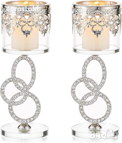 Свещник Sziqiqi, пакет от 2 сребърни поставки за чаени свещички, стъклени,  за сватба, маса за хране
