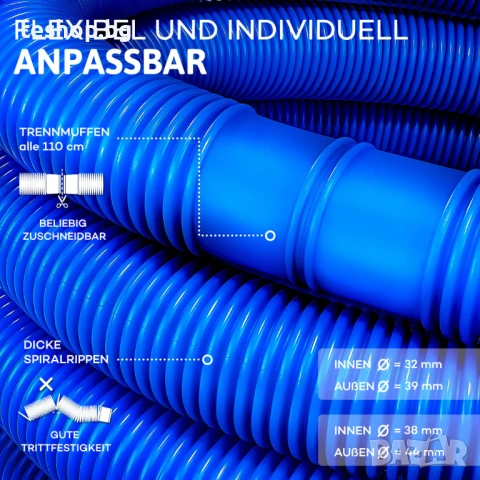 Маркуч за басейн Tillvex 8 м - Ø 38 мм син, снимка 3 - Басейни и аксесоари - 51424980