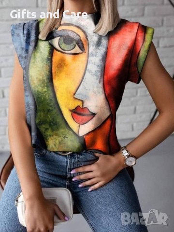 Ефектна дамска блуза с къс ръкав и тренди апликация, снимка 3 - Тениски - 40772362