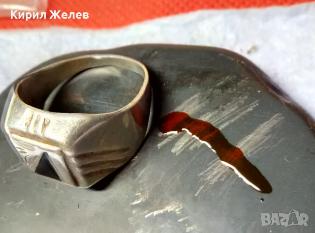 Стар РЪЧНО РЕТРО ОРНАМЕНТИРАН СРЕБЪРЕН ПРЪСТЕН СРЕБРО 925 с ИНКРУСТИРАН ШЛИФОВАН ЧЕРЕН ОНИКС 48234, снимка 3 - Пръстени - 49294556