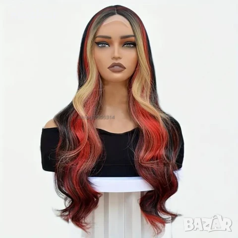 Вълнообразна перука с кичури микс от цветове русо червено черно на път, снимка 5 - Аксесоари за коса - 51232085