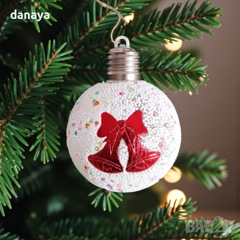 6202 Светеща коледна топка за елха с декорация панделка и снежинка, 8 см
