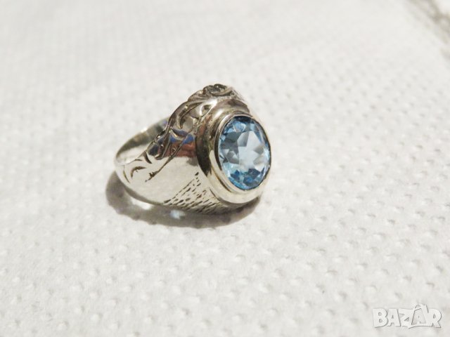 Стар  мъжки сребърен пръстен с голям камък - аквамарин - стар внос от Щатите ., снимка 5 - Пръстени - 32351178