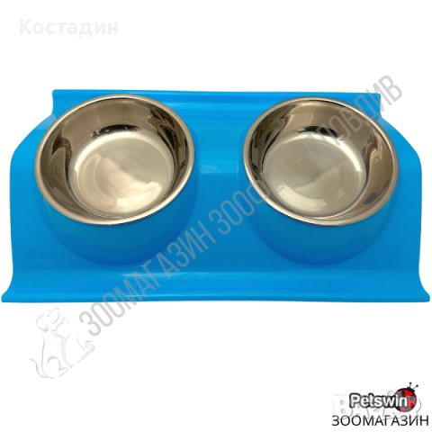 Двойна Купа с Поставка - и Две Купи Инокс - за Куче/Коте - 2x200ML - 38см/24.5см/5.5см - Синя