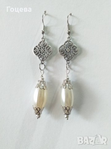 Красиви обици с овални перли и орнаменти в цвят Сребро , снимка 3 - Обеци - 33274038