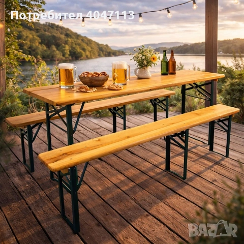 Сгъваем комплект градинска маса с 2 пейки - От чамово дърво, с отвор за чадър, снимка 5 - Други - 53496513