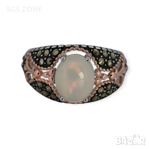 Мъжки сребърен пръстен с бял опал и марказит, снимка 2 - Пръстени - 53370220