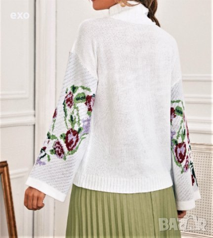 Флорален пуловер, Ефектен пуловер, Бял пуловер, снимка 2 - Блузи с дълъг ръкав и пуловери - 43096083