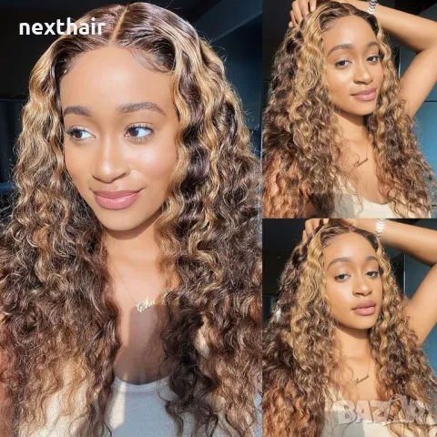 Естествена медено руса къдрава перука лейс фронт дантела 50 см, снимка 13 - Аксесоари за коса - 47834903