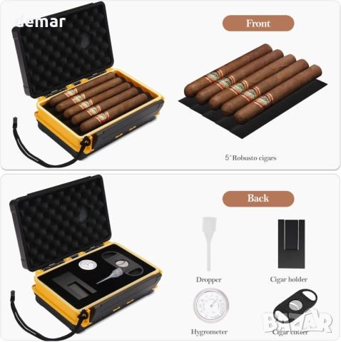 Пътен хумидор за 5 пури (50RG), преносим комплект с нож, стойка, хигрометър и овлажнител, снимка 2 - Други стоки за дома - 52735604