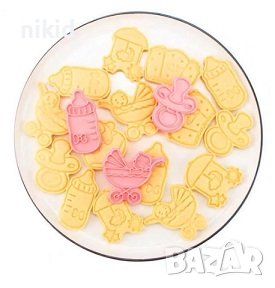 6 бр бебешки боди количка биберон шише пластмасови разглобяеми резци форми фондан форма резец, снимка 2 - Форми - 37199615