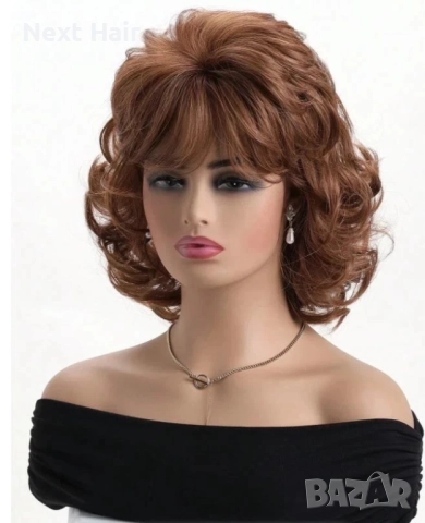 Къса дамска къдрава кафява синтетична перука с бретон, снимка 3 - Аксесоари за коса - 51991461