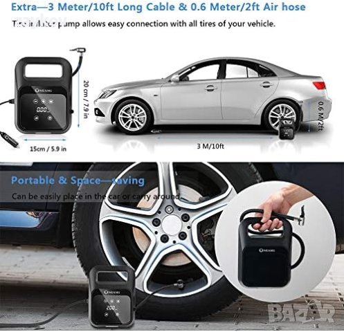 Преносим въздушен компресор OneAmg, помпа за автомобилни гуми, 12 V дигитален, снимка 5 - Аксесоари и консумативи - 43688493