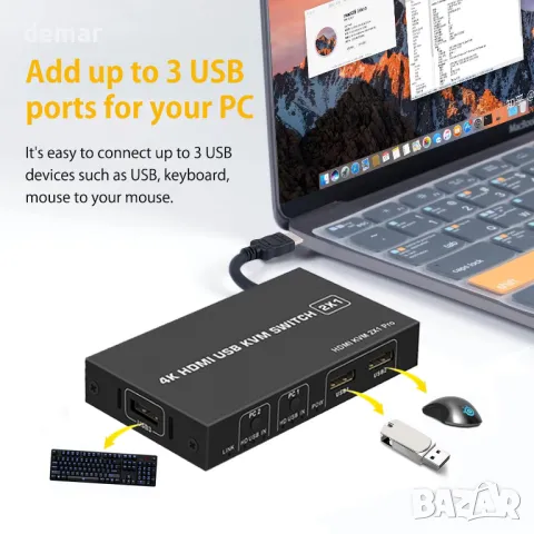 HDMI KVM превключвател 2 компютъра - 1 монитор 4K 60Hz, снимка 6 - Кабели и адаптери - 48434645