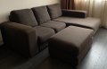 Ъглов диван с лежанка и табуретка в кафяво , снимка 1 - Дивани и мека мебел - 43391072