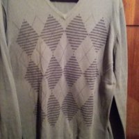 Мъжки пуловер сивозелен тънък трикотаж на ромбоиди L-ХL, снимка 1 - Пуловери - 33341288