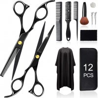 Професионален комплект фризьорски ножици, аксесоари за подстригване и оформяне на брада, 12 части