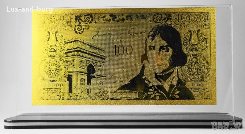 Златна банкнота 10 000 (100 нови) Френски франка в прозрачна стойка - Реплика, снимка 1