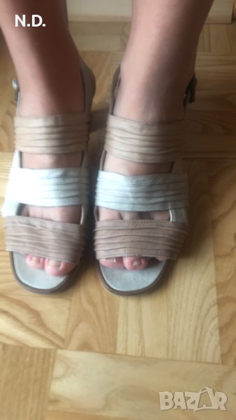 Бежеви дамски сандалети от естествена кожа с ток 6 см, размер 37 , снимка 1