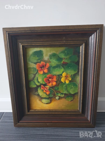 45х38см/малка картина масло върху платно/натюрморт цветя/латинки/1982/дървена рамка, снимка 1