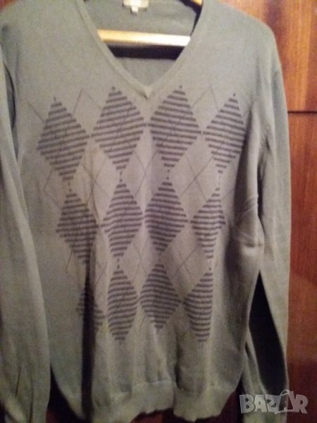 Мъжки пуловер сивозелен тънък трикотаж на ромбоиди L-ХL, снимка 1