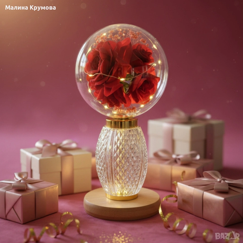 Декоративна лампа с червени рози и мека светлина – за топлина и хармония у дома, снимка 1