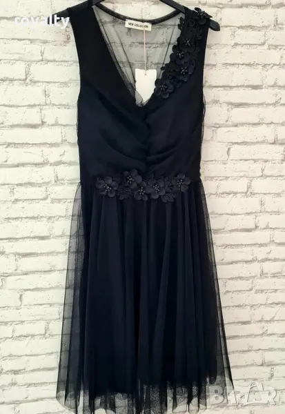 Дамска черна официална рокля от тюл и цветчета, снимка 1