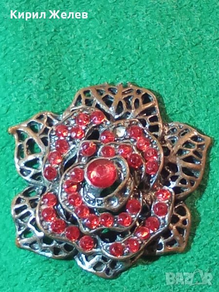 СТАРО БРОНЗОВО ФЛОРАЛНО УКРАШЕНИЕ БРОШКА с ГРАНАТИ ЧЕРВЕНИ КАМЪНИ КРИСТАЛИ 15350, снимка 1