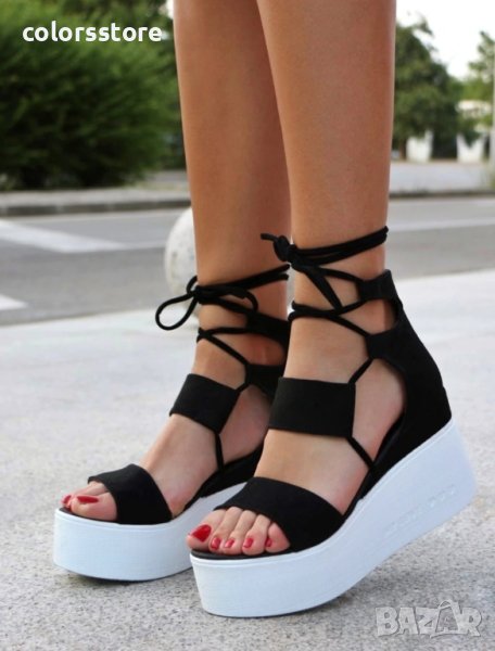 Сандали на платформа - черен велур с бяло ходило - 307, снимка 1