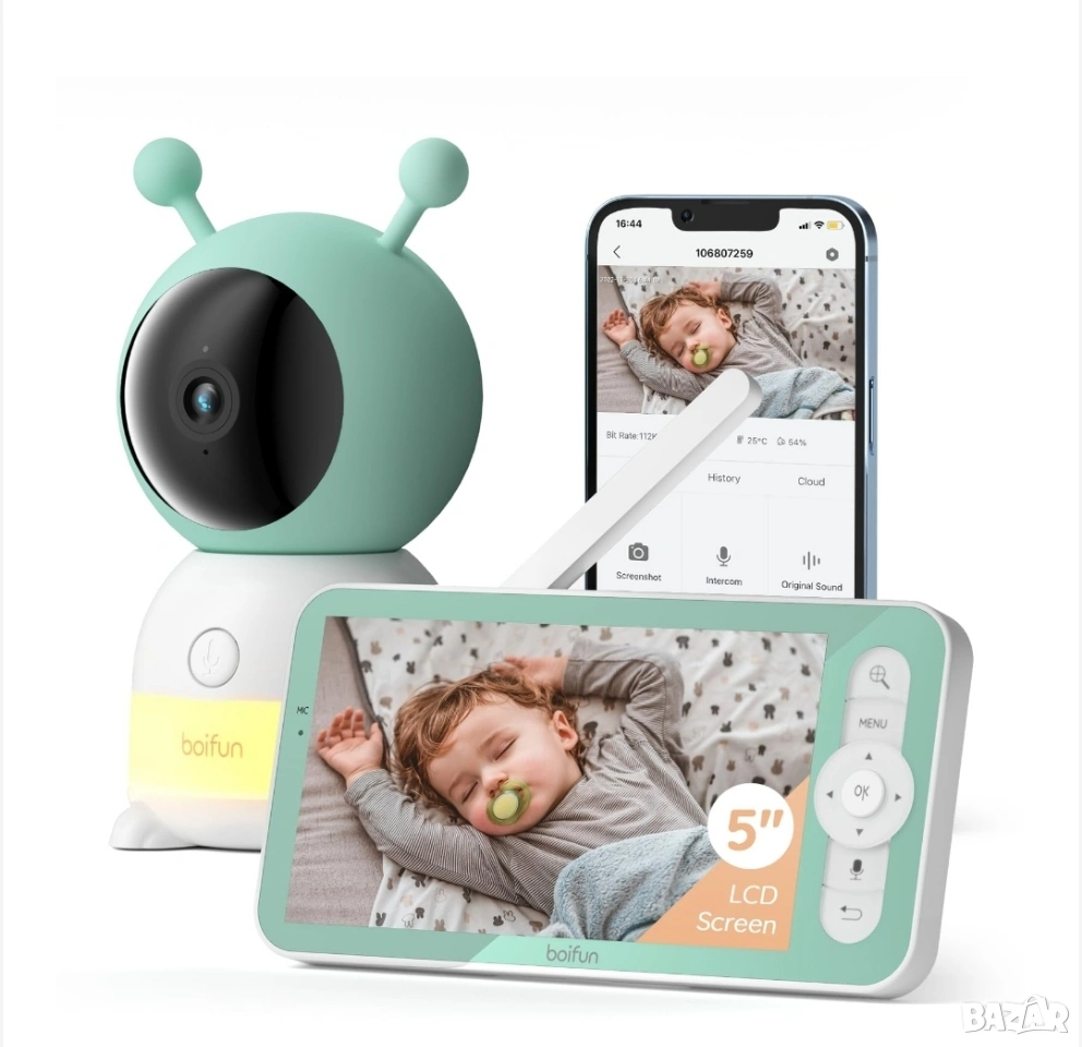 Smart Бебефон WiFi 2 в 1 BOIFUN, 2K 3MP FHD, 4x увеличение, снимка 1