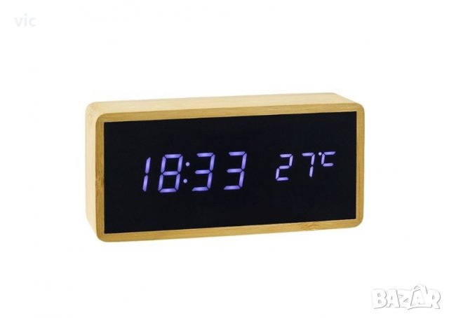 Часовник от истински бамбук - LED сензор за звук, аларма, температура, снимка 3 - Декорация за дома - 28177059