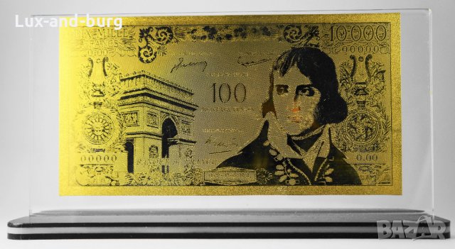 Златна банкнота 10 000 (100 нови) Френски франка в прозрачна стойка - Реплика, снимка 1 - Нумизматика и бонистика - 27080489