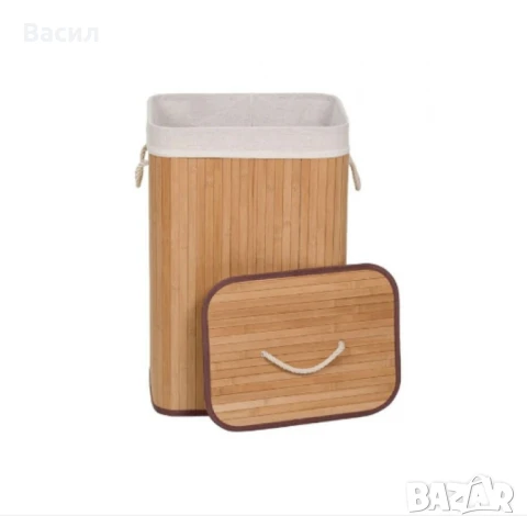 Кош за пране с вместимост 72 литра от памук, полиестер и бамбук с капак и дръжки, снимка 1