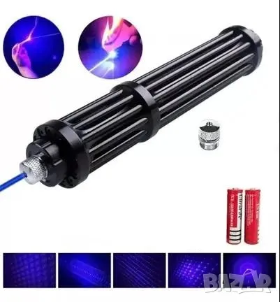 Супер Мощен Син Акумулаторен Лазер Пойнтер 50000mW Палещ Клечка Горящ Балон 2х18650 21СМ 20000 Метра